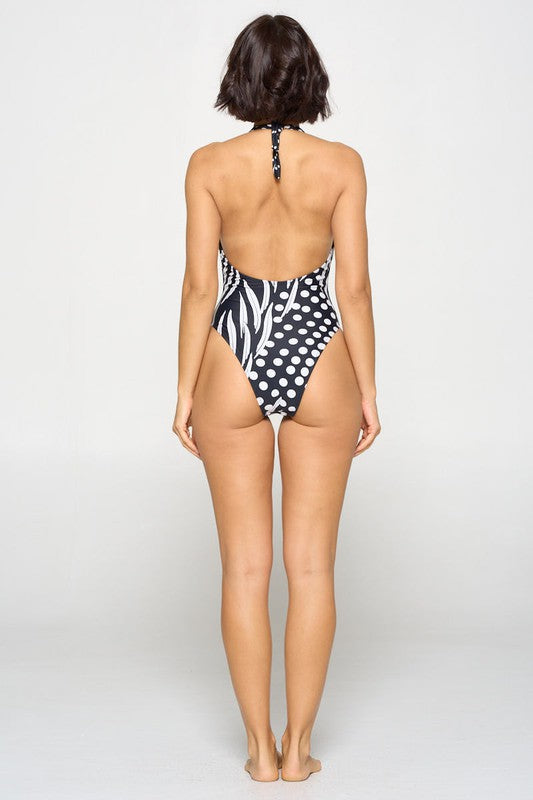Halter style geometric print one-piece swimsuit S1-M1-L1 3pcs 1 Pack
