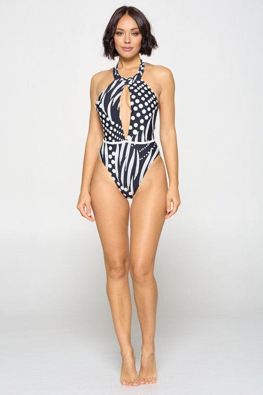Halter style geometric print one-piece swimsuit S1-M1-L1 3pcs 1 Pack