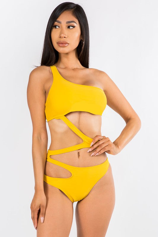 Zigzag Cutout One Shoulder Swimsuit Black S1-M1-L1 3pcs 1 pack