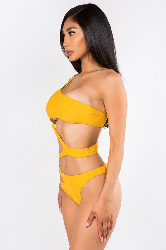 Zigzag Cutout One Shoulder Swimsuit Black S1-M1-L1 3pcs 1 pack