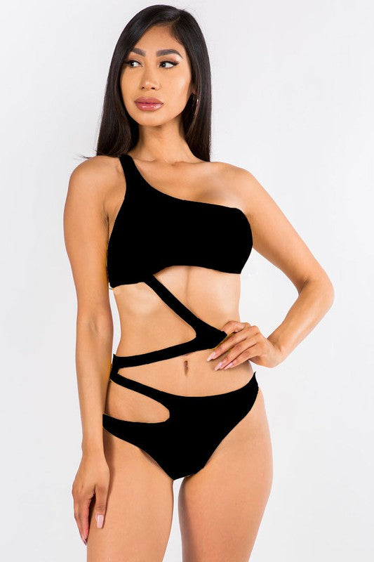 Zigzag Cutout One Shoulder Swimsuit S1-M1-L1 3pcs 1 pack