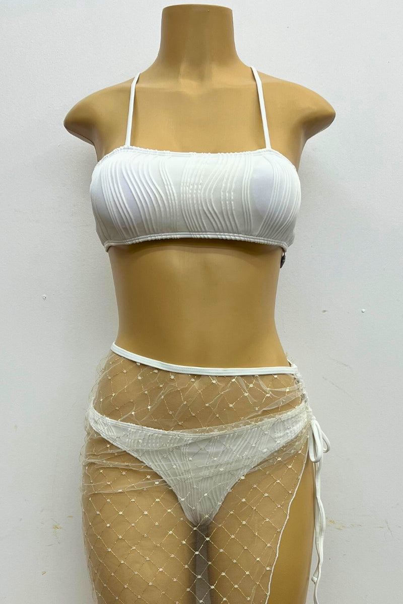 Rutched Bikini Set with Sheer Sarong S-M-L 3 pcs 1 pack