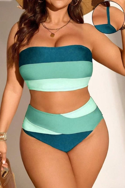 Plus Wide Stripe Tankini Set 1XL-4XL 4 pcs 1 pack