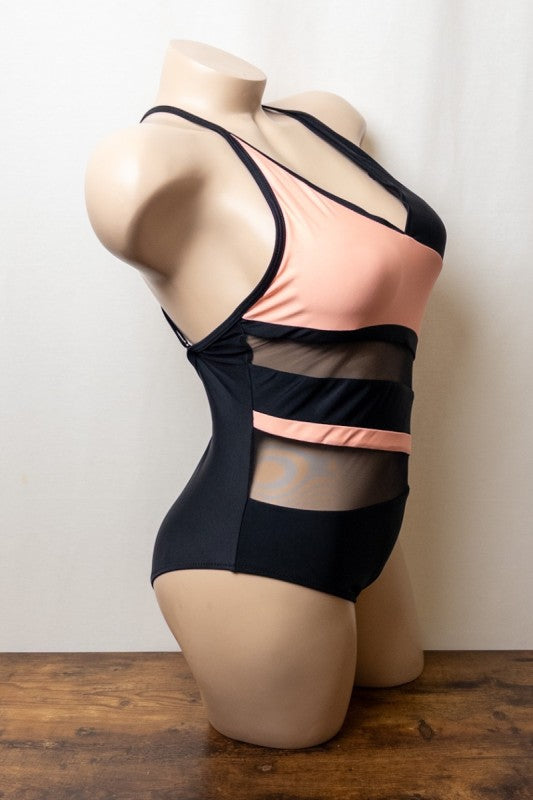 Asymmetric Mesh and Neon Accent Swimsuit Peach S2-M2-L2 6pcs 1 pack