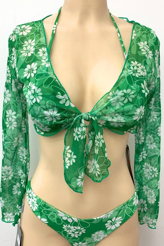 3pcs Daisy Print Tie Shrug and Matching Bikini S1-M1-L1 3pcs 1 Pack