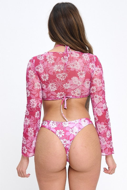 3pcs Daisy Print Tie Shrug and Matching Bikini S1-M1-L1 3pcs 1 Pack