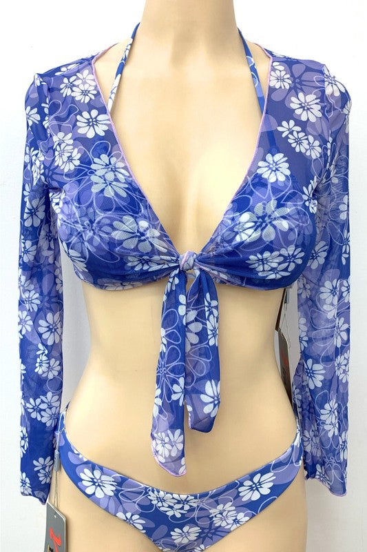 3pcs Daisy Print Tie Shrug and Matching Bikini S1-M1-L1 3pcs 1 Pack
