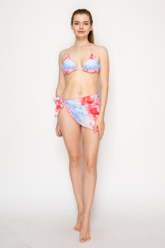 Tie-Dye Bikini Set with Matching Sarong Cover-Up S1-M1-L1 3pcs 1 Pack)