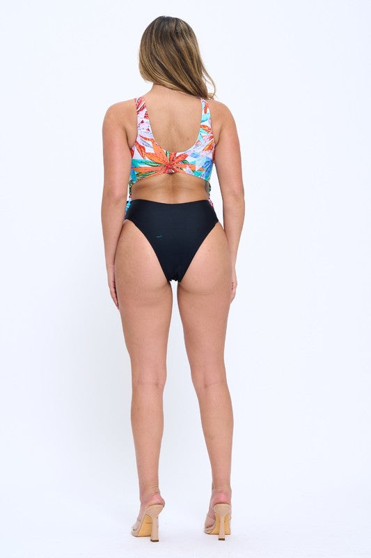 Tropical Cut-Out Solid Bottom One-Piece Swimsuit S1-M1-L1 3pcs 1 Pack