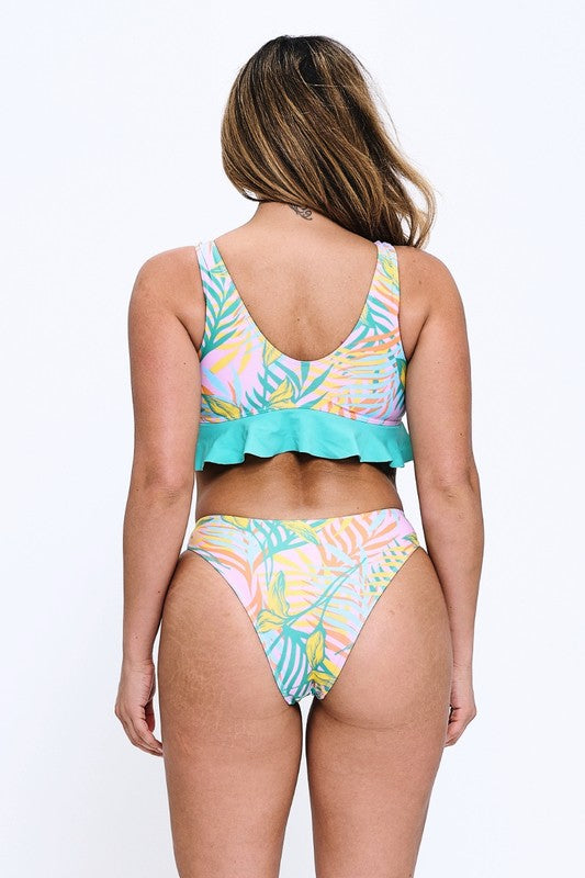 Ruffle Accent Tropical Bikini Set Purple S1-M1-L1 3pcs 1 Pack