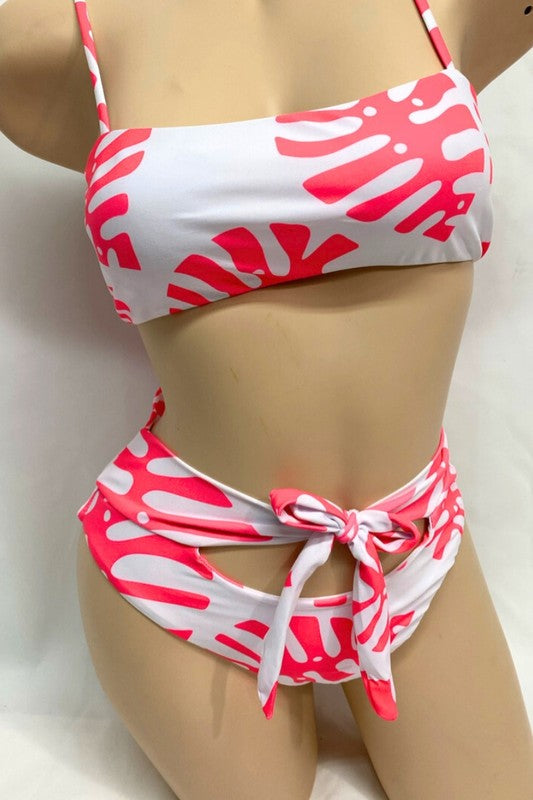 Tropical Leaf High-Waisted Bandeau Bikini Set S1-M1-L1 3pcs 1 pack