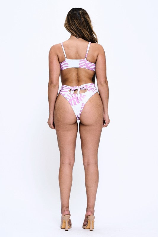 Tropical Leaf High-Waisted Bandeau Bikini Set S1-M1-L1 3pcs 1 pack