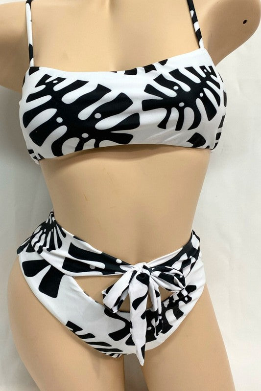 Tropical Leaf High-Waisted Bandeau Bikini Set S1-M1-L1 3pcs 1 pack