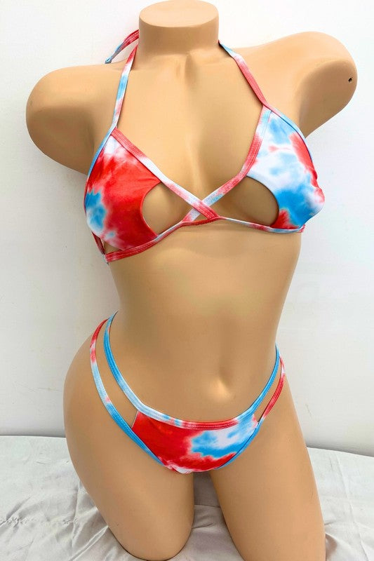 Multicolor Strappy Tie-Dye Cutout Bikini Set S1-M1-L1 3pcs 1 Pack