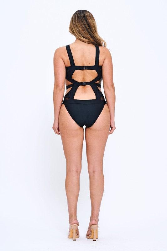 Sheer Panel Cutout One-Piece Swimsuit S1-M1-L1 3pcs 1 pack