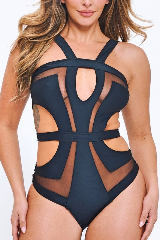 Sheer Panel Cutout One-Piece Swimsuit S1-M1-L1 3pcs 1 pack