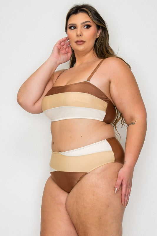 Plus Wide Stripe Tankini Set 1XL-4XL 4 pcs 1 pack