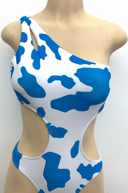 One Shoulder Asymmetric Waist Cow Spot Monokini S1-M1-L1 3pcs 1 pack