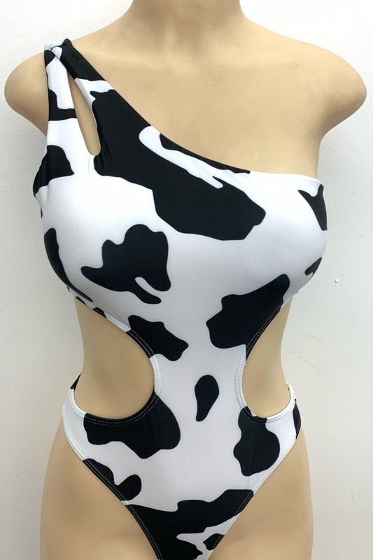 One Shoulder Asymmetric Waist Cow Spot Monokini S1-M1-L1 3pcs 1 pack