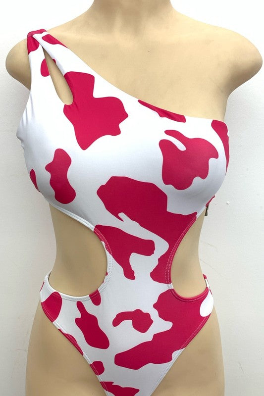 One Shoulder Asymmetric Waist Cow Spot Monokini S1-M1-L1 3pcs 1 pack