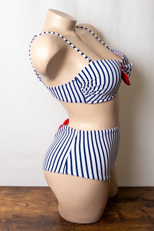 Cute Bowtie Striped High waist Swimwear Set S-M-L 6 pcs 1 set