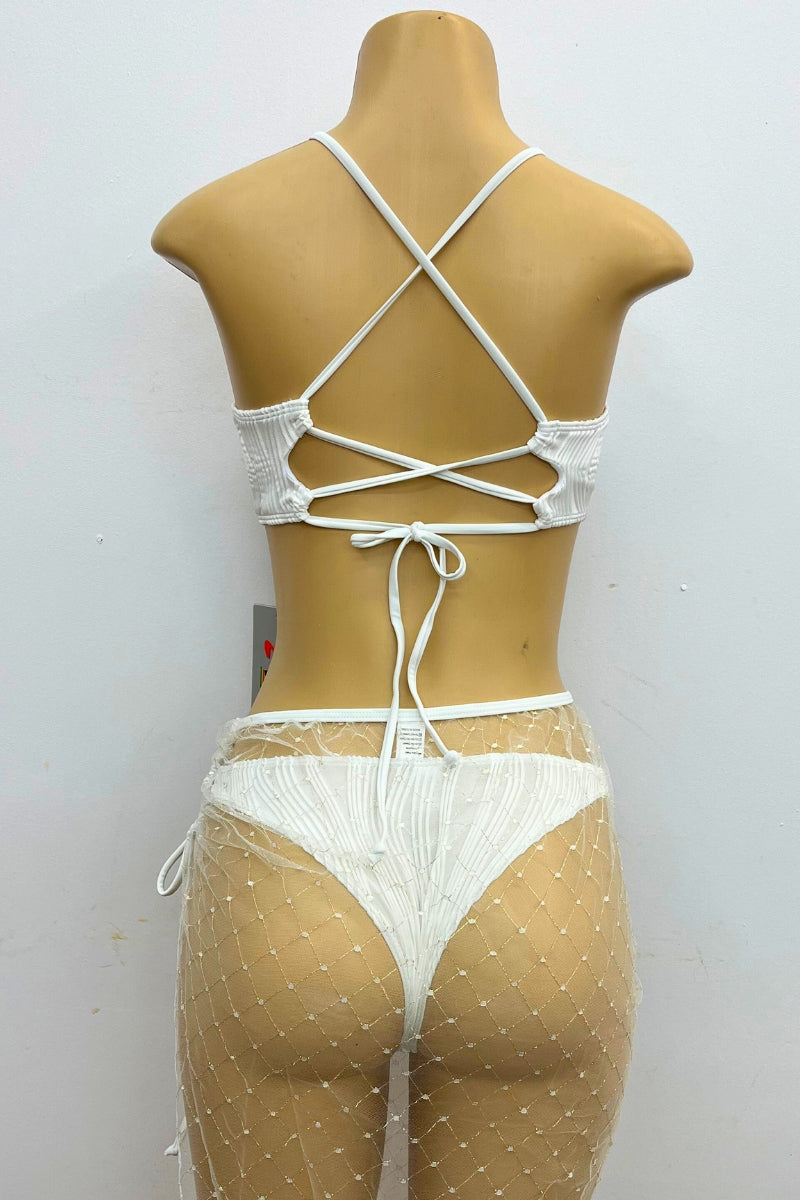 Rutched Bikini Set with Sheer Sarong S-M-L 3 pcs 1 pack