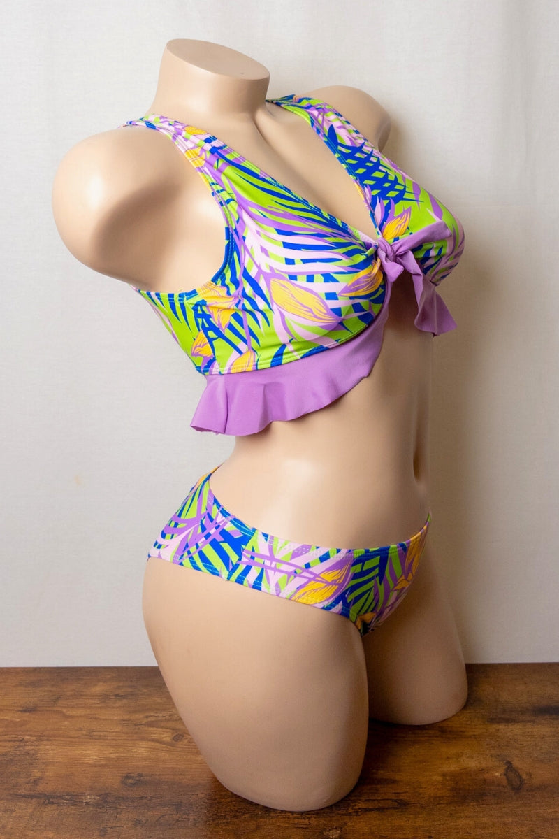 Ruffle Accent Tropical Bikini Set Purple S1-M1-L1 3pcs 1 Pack
