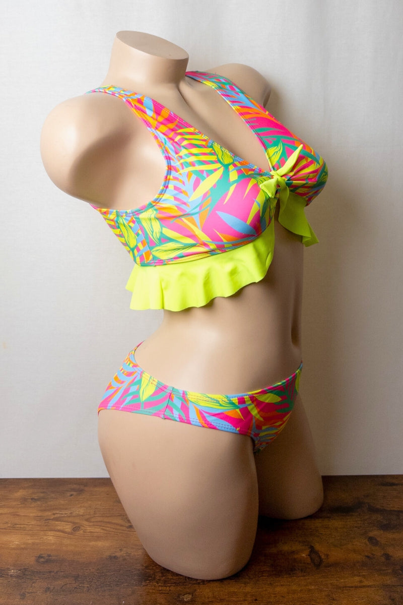 Ruffle Accent Tropical Bikini Set Purple S1-M1-L1 3pcs 1 Pack