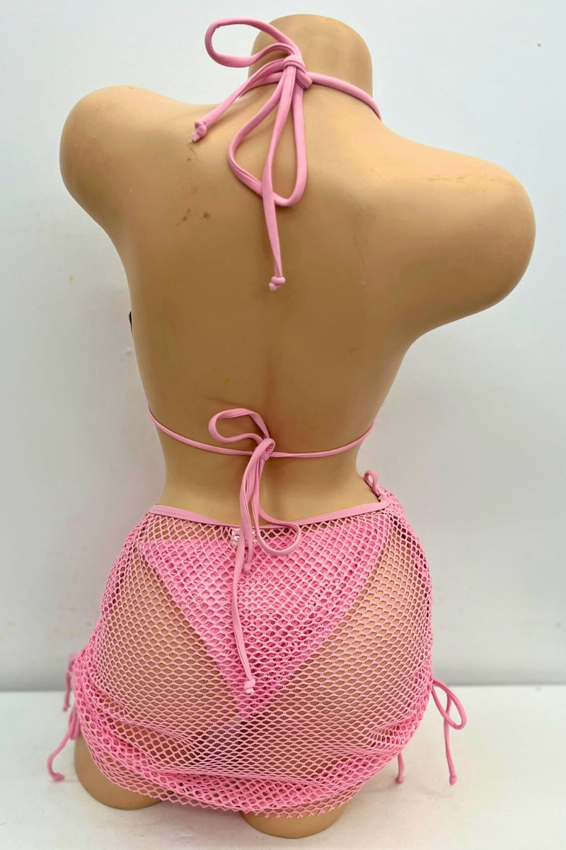 Pretty Pink Crochet Bikini Set with Sarong S1-M1-L1 3 pcs 1 pack