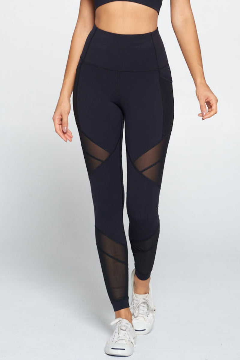 Black Mesh Panel Pocket Leggings S1-M1-L1 3 pcs 1 pack