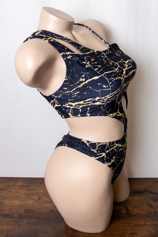 Marble Cut-Out One-Shoulder Swimsuit Black S-M-L 3 pcs 1 pack
