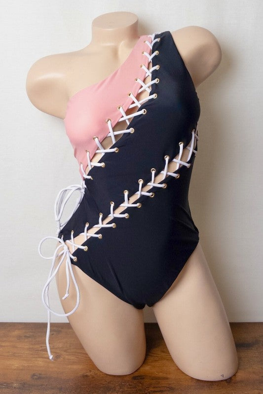 Monochrome Lace Up One Shoulder Swimsuit S1-M1-L1 3 pcs 1 pack