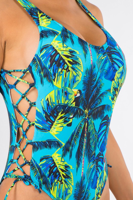 Tropical print side lace-up one piece swimsuit S-M-L 3 pcs 1 pack