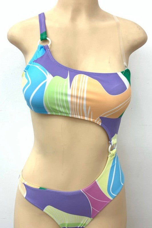 Abstract Print One-Shoulder Cutout Swimsuit