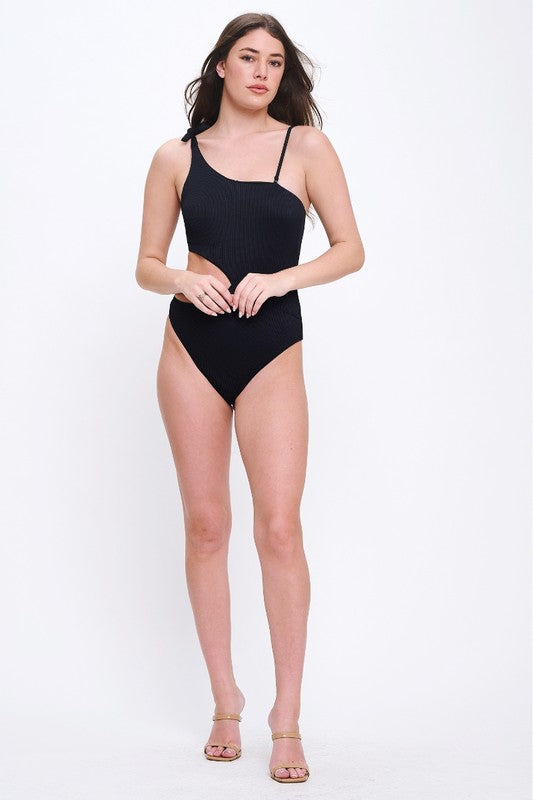 Rib Texture One Shoulder Waist Cut-out Swimsuit S-M-L 3 pcs 1 pack
