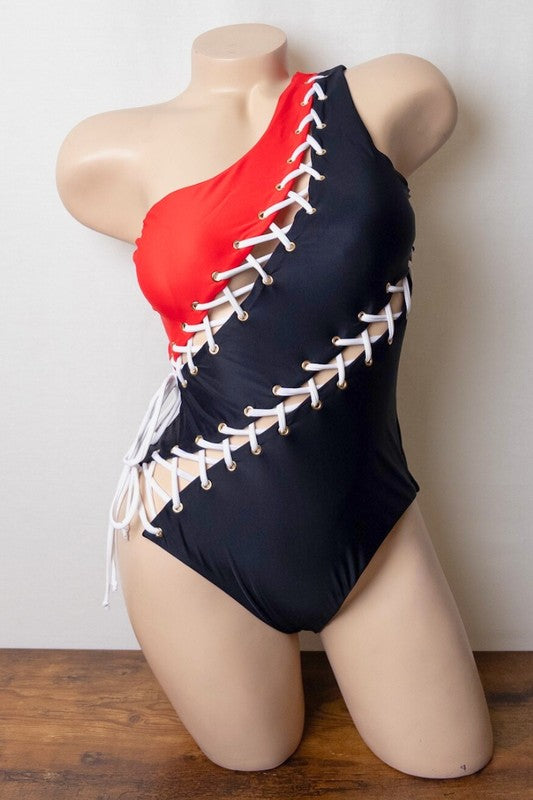 Monochrome Lace Up One Shoulder Swimsuit S1-M1-L1 3 pcs 1 pack