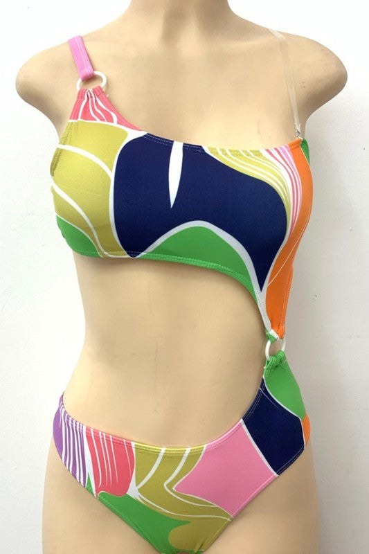 Abstract Print One-Shoulder Cutout Swimsuit