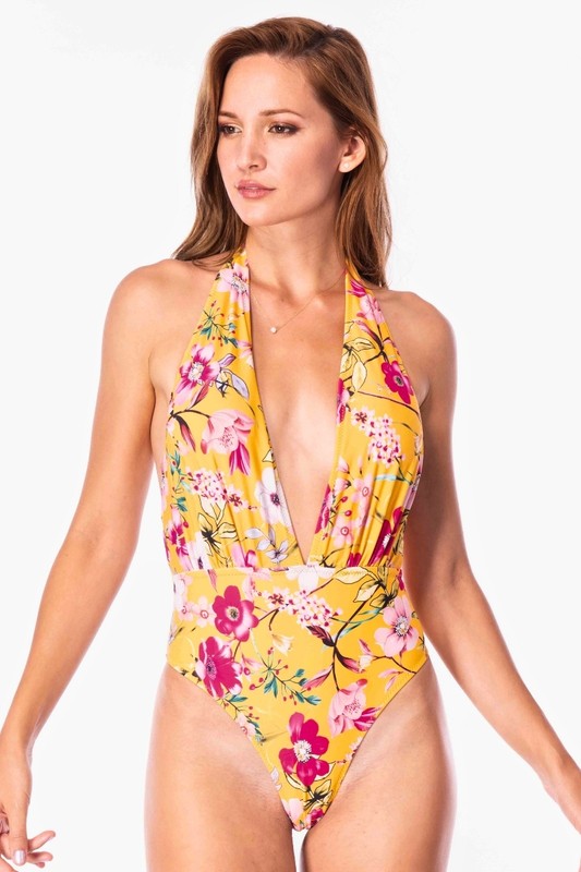 Deep V Floral Print Sexy Swimwear S-M-L 3 pcs 1 pack