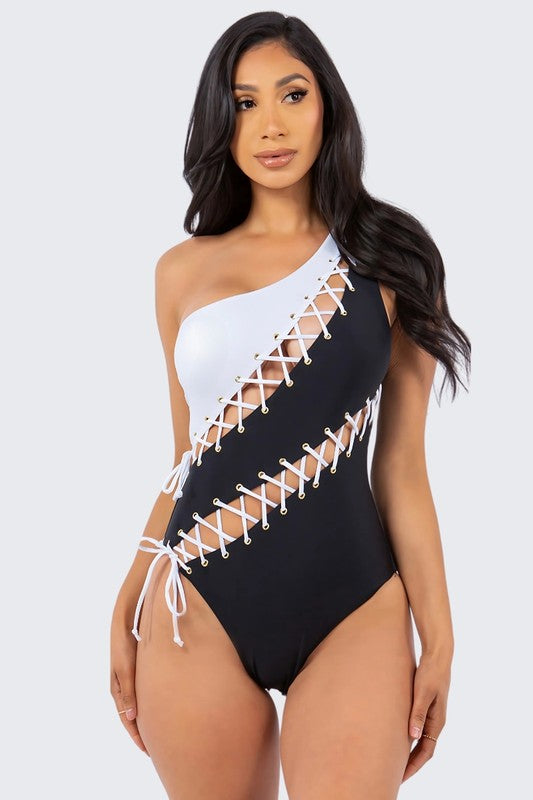 Monochrome Lace Up One Shoulder Swimsuit S1-M1-L1 3 pcs 1 pack