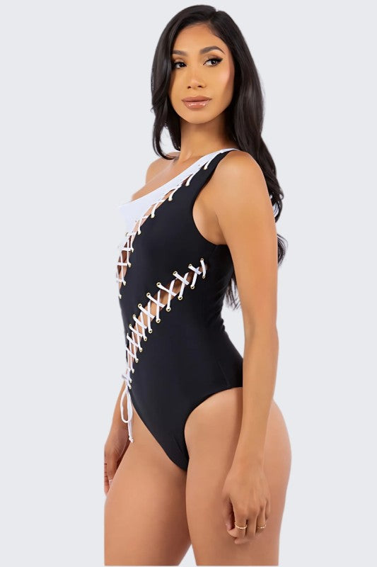Monochrome Lace Up One Shoulder Swimsuit S1-M1-L1 3 pcs 1 pack
