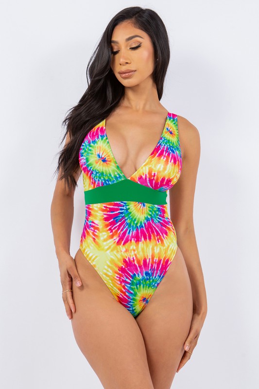 Deep V Retro Tie Dye One-piece Swim Suit S-M-L 3 pcs 1 pack