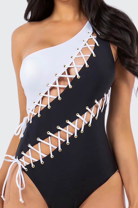 Monochrome Lace Up One Shoulder Swimsuit S1-M1-L1 3 pcs 1 pack