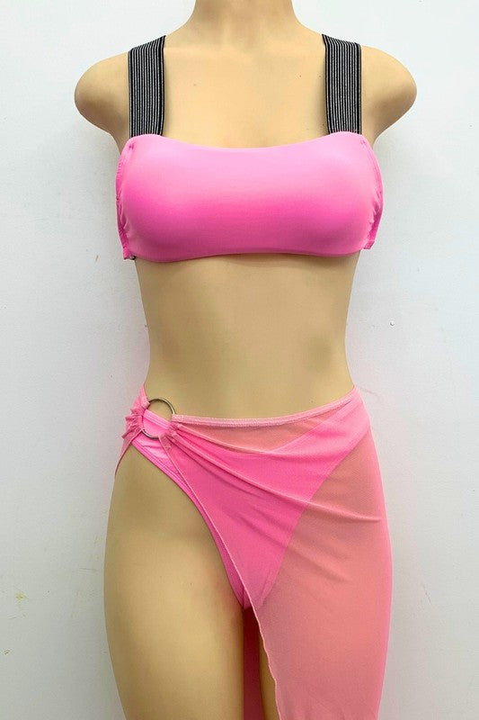 Elegant Stripe Strap Bikini Set with Sarong S1-M1-L1 3 pcs 1 pack