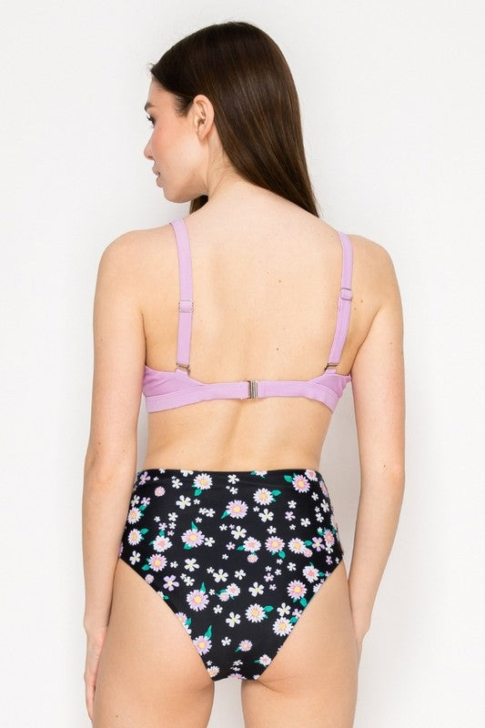 Lilac & Daisy Floral High-Waisted Bikini Set S-M-L 3 pcs 1 pack