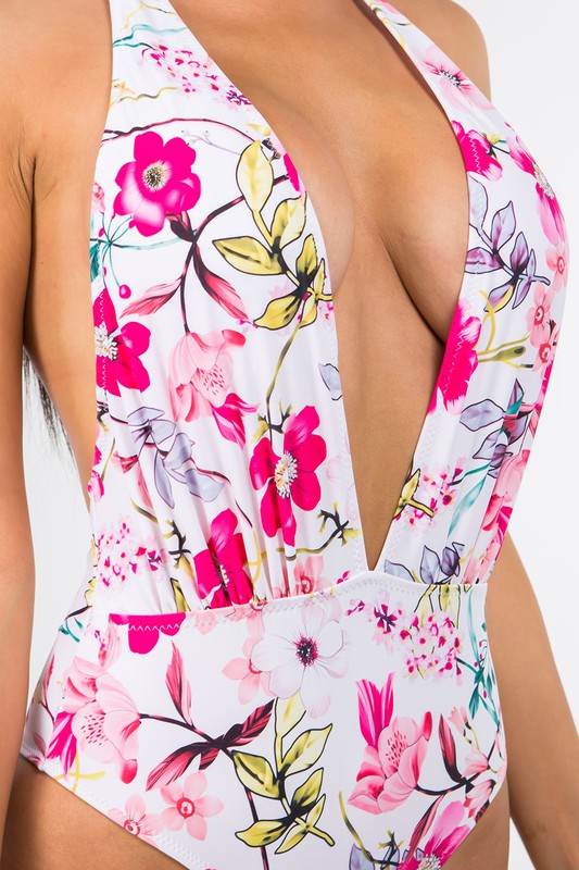 Deep V Floral Print Sexy Swimwear S-M-L 3 pcs 1 pack