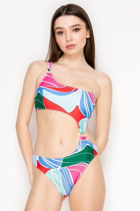 Abstract Print One-Shoulder Cutout Swimsuit