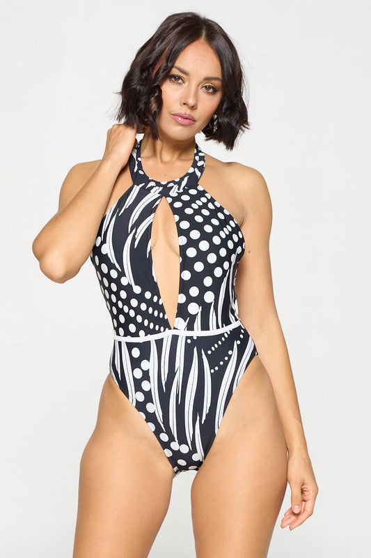Halter style geometric print one-piece swimsuit S1-M1-L1 3pcs 1 Pack