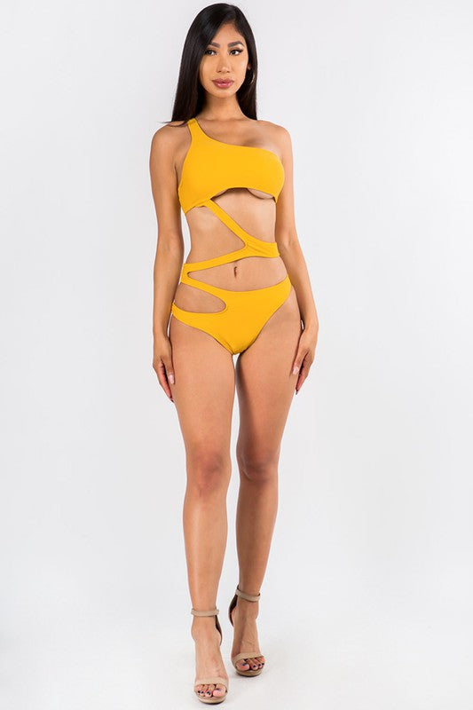 Zigzag Cutout One Shoulder Swimsuit Black S1-M1-L1 3pcs 1 pack