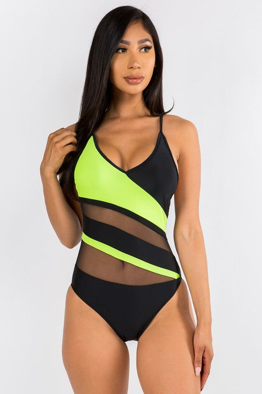Asymmetric Mesh and Neon Accent Swimsuit S2-M2-L2 6pcs 1 Pack