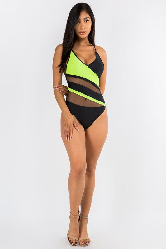 Asymmetric Mesh and Neon Accent Swimsuit S2-M2-L2 6pcs 1 Pack
